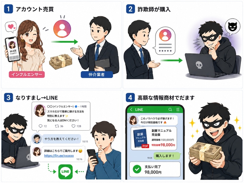 詐欺グループは購入したSNSアカウントを利用し、副業詐欺を行いました（画像はAI作成）