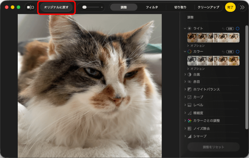 非破壊編集が反映されているので、［オリジナルに戻す］をクリックすると、撮影時の状態に戻すことができる