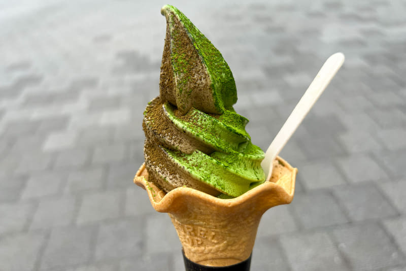 銭洗弁財天で洗ったばかりの「福銭」で購入した抹茶ソフトクリーム