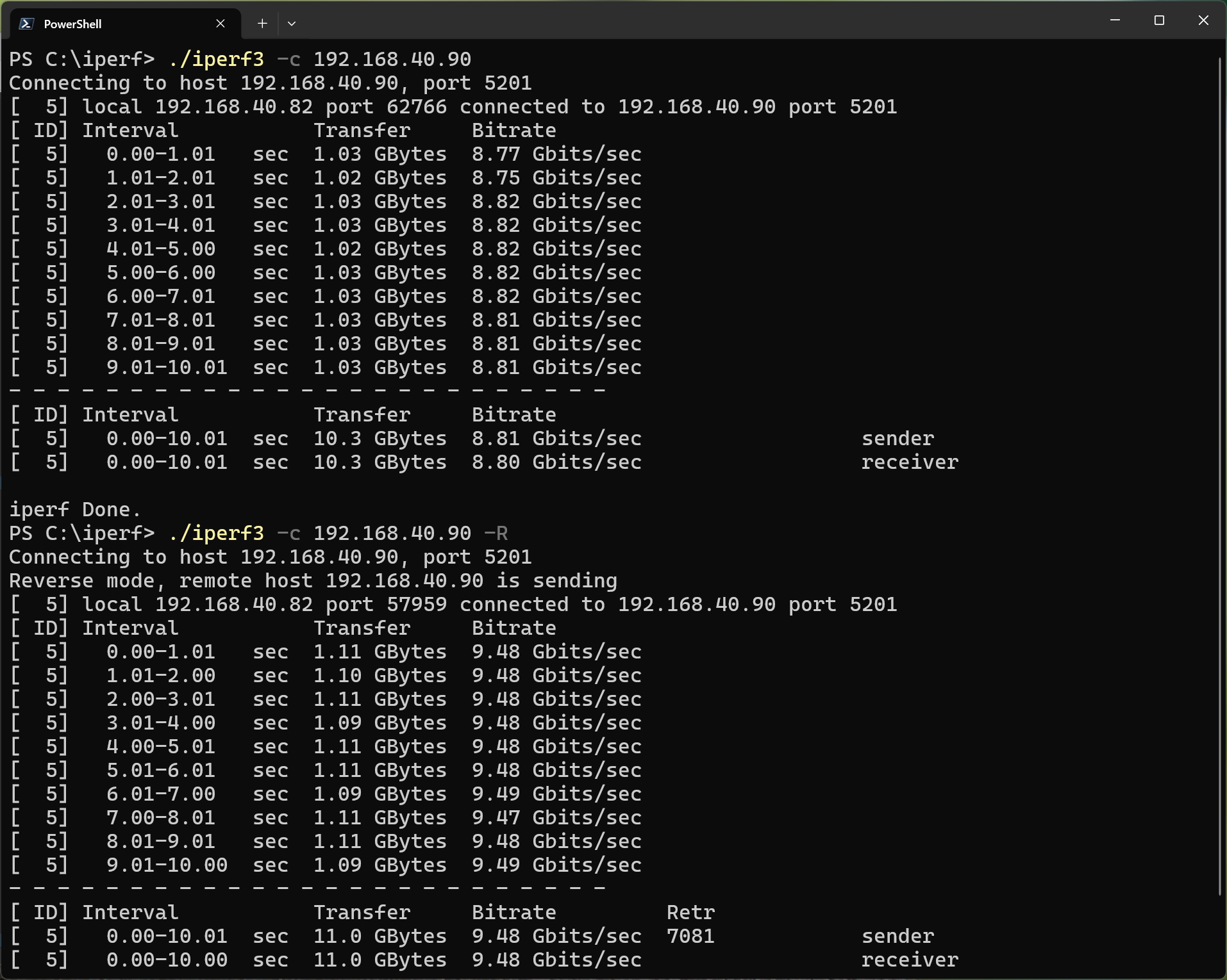 RJ45同士、SFP+同士、RJ45とSFP+と宛先を変えながら試したが、値としてはほぼ9.4Gbps前後。画面のように1台のPCのみ片方向が8Gbps代になるが、これはPCがボトルネックの可能性が高い
