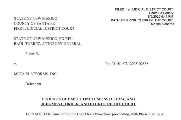 <a href="https://nmcourts.gov/wp-content/uploads/2026/08/D-101-CV-2023-02838-Final-FOFCOL-and-Judgment-of-the-Court.pdf" class="strong bn" target="_blank">FINDINGS OF FACT, CONCLUSIONS OF LAW, AND JUDGMENT, ORDER, AND DECREE OF THE COURT</a>より