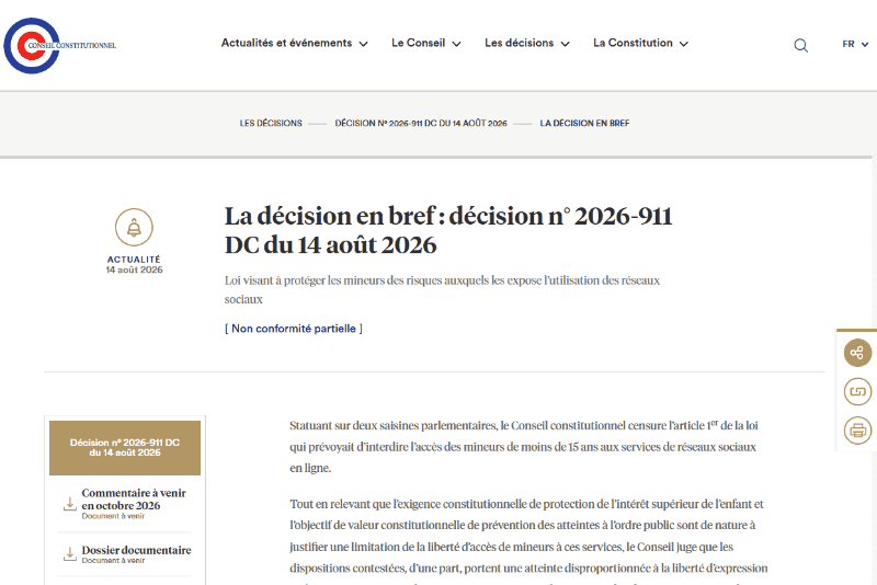 <a href="https://www.conseil-constitutionnel.fr/actualites/la-decision-en-bref-decision-n-2026-911-dc-du-14-aout-2026" class="strong bn" target="_blank">La décision en bref : décision n° 2026-911 DC du 14 août 2026（仏憲法院）</a>より