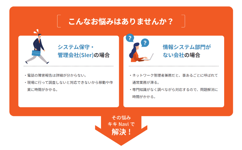 キキNaviの紹介ページでは「こんなお悩みはありませんか？」として、キキNaviが管理の負荷軽減に役立てられる組織の例が紹介されている