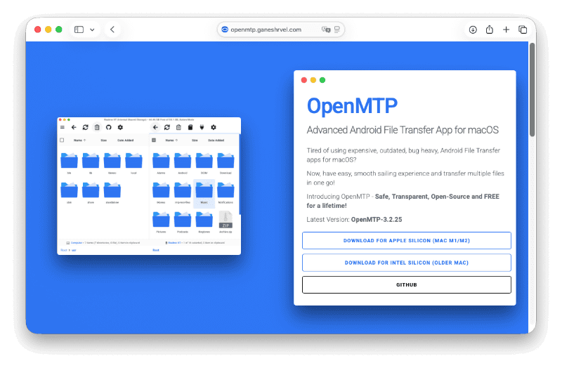 OpenMTPのサイトからダウンロードする
