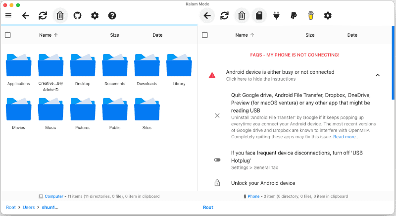 このような画面が表示される。まだAndroidは未接続なので、右のAndroid表示部分に接続の注意点が表示されている