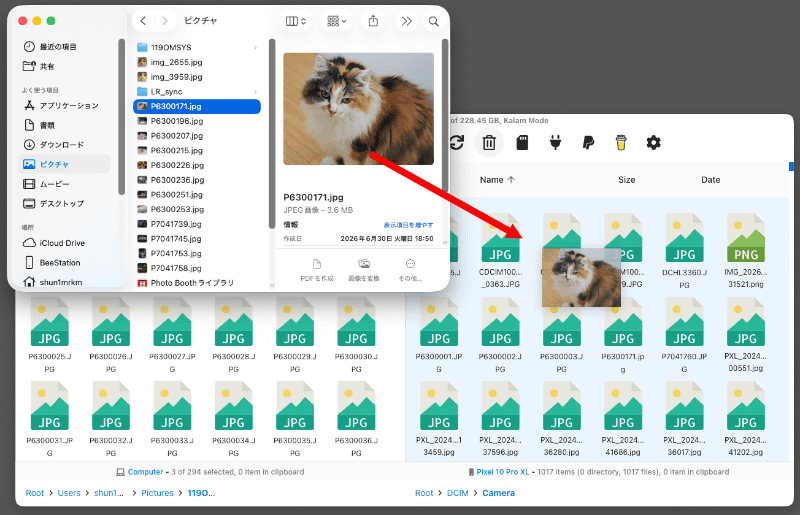 Finderウィンドウから、写真や動画をOpenMTP右ペインにドラッグ＆ドロップ。「DCIM」内の「Camera」フォルダに転送している