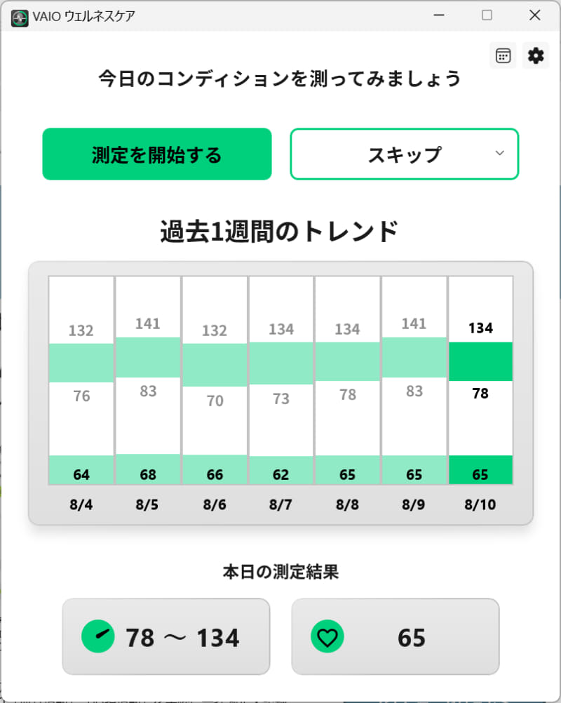 測定結果を過去1週間分トレンド表示で簡単に振り返られる
