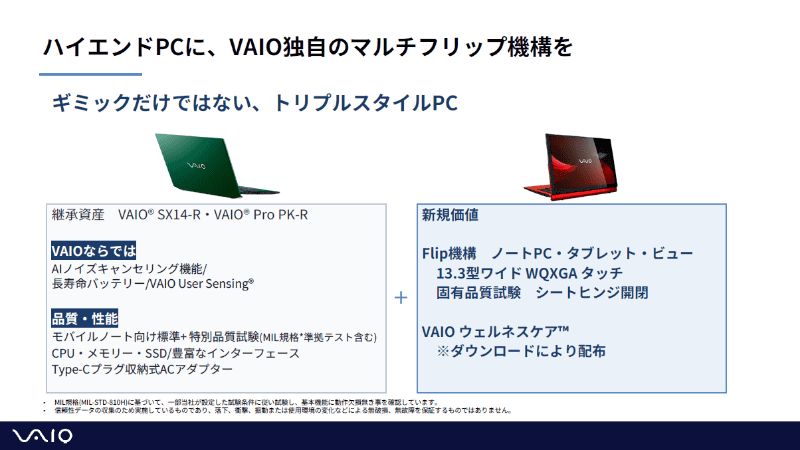 マルチフリップ機構を採用しつつ、従来のVAIOの特徴やMIL-STD-810H準拠の堅牢性試験を含めた耐久性試験をクリアする優れた堅牢性も維持している