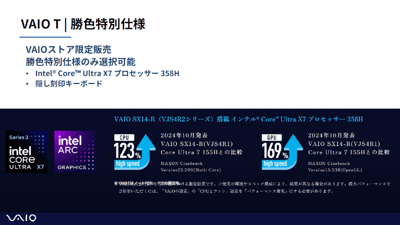 勝色特別仕様のみプロセッサーにCore Ultra X7 358Hや隠し刻印キーボードを選択可能