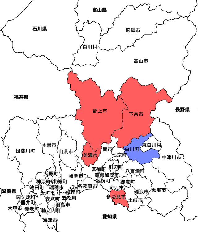赤色は酷暑日を記録した自治体。青色は筆者が移住した白川町