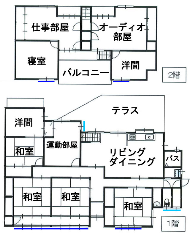 間取り図。1年目の第1弾は1階・2階の南側の窓（青線）。第2弾は水色の窓