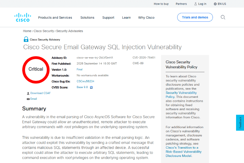 <a href="https://sec.cloudapps.cisco.com/security/center/content/CiscoSecurityAdvisory/cisco-sa-esa-inj-2bLVGmhX" class="strong bn" target="_blank">Cisco Secure Email Gateway SQL Injection Vulnerability</a>