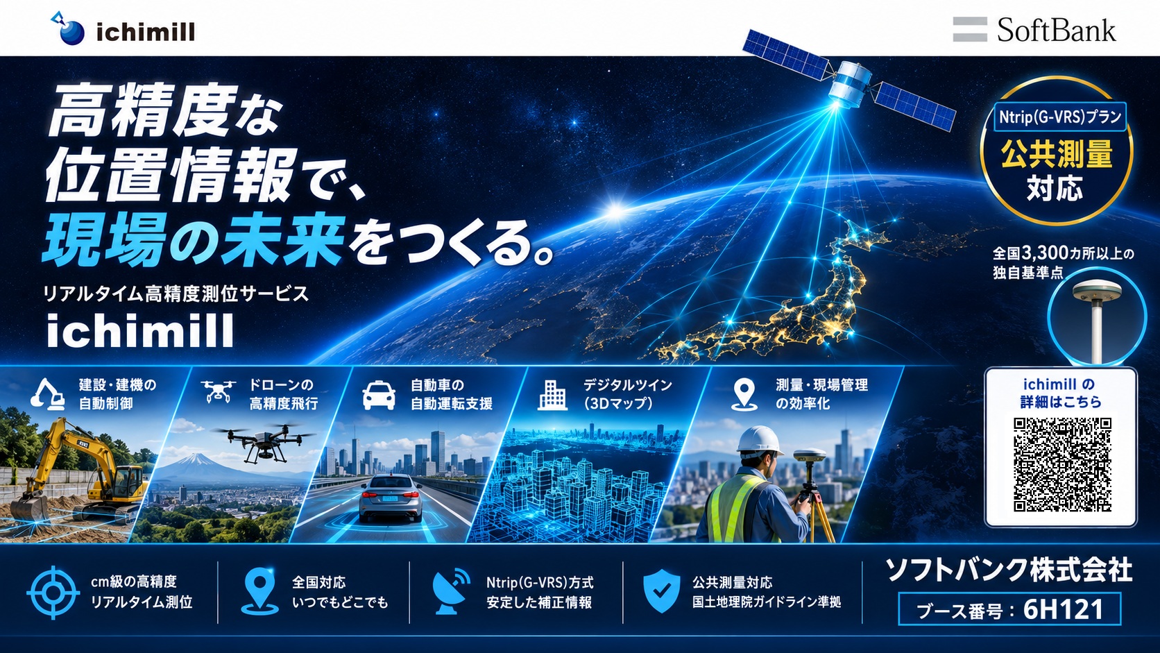 ソフトバンク株式会社では、GNSS信号と全国3300カ所以上の独自基準点を活用し、誤差が数センチメートルの測位を実現する高精度測位サービス「ichimill（イチミル）」を展示。建機やドローンの自動制御、自動車の自動運転支援、測量・現場管理の効率化、3Dマップを活用したデジタルツイン、公共測量対応のNtrip（G-VRS）プランなど、多彩な活用事例と最新技術を紹介する