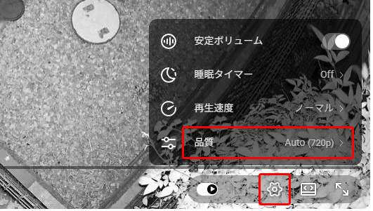 右下の歯車をクリックし品質（画質）を確認し、［Auto(720p)］になっていたら、［品質］をクリックし［2160p］を選択
