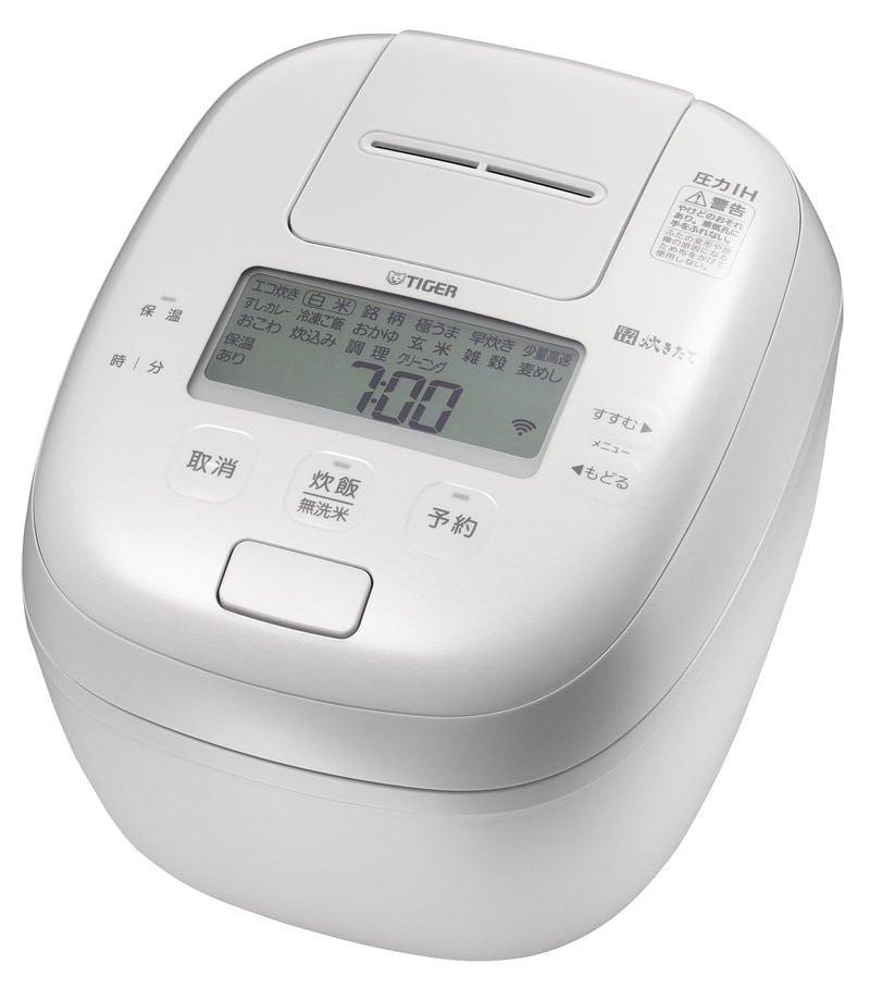 タイガー魔法瓶のIoT炊飯器の新製品<a href="https://www.tiger-corporation.com/ja/jpn/product/rice-cooker/jpa-s/" class="strong bn" target="_blank">「圧力IHジャー炊飯器〈炊きたて〉JPA-S100」</a>。ECHONET Web APIの採用により、他社製品や自治体などのシステムとの接続もスムーズに可能。将来的には健康管理アプリとの連携や自治体の見守りネットワークの構築なども可能だという