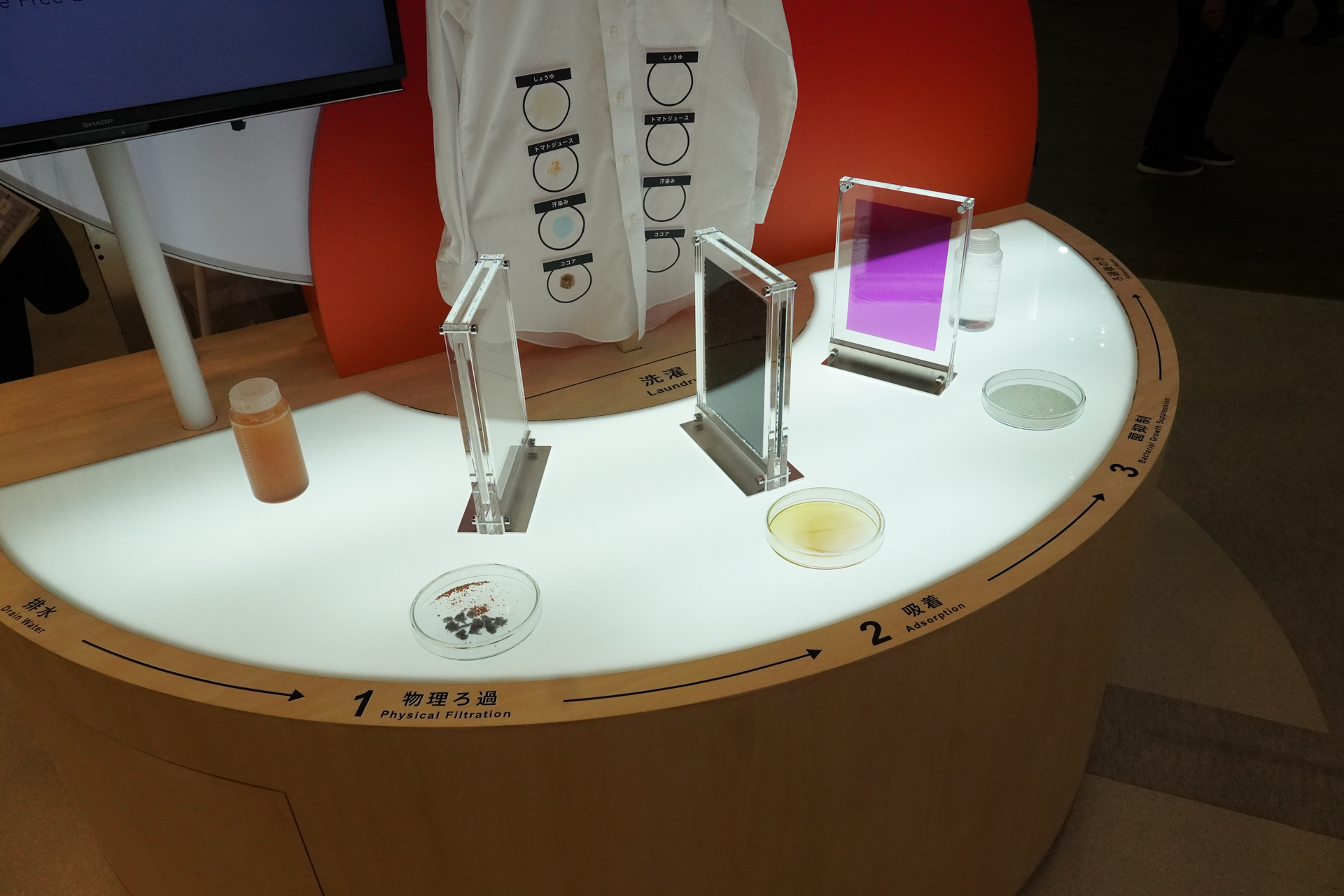 手前は、排水が濾過されてきれいになっていく様子。手前の茶色い水が奥では透明になっている