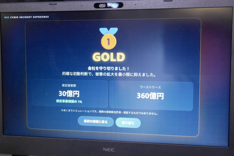 適切な初動判断ができると「GOLD」が表示される。被害額も推定して表示する
