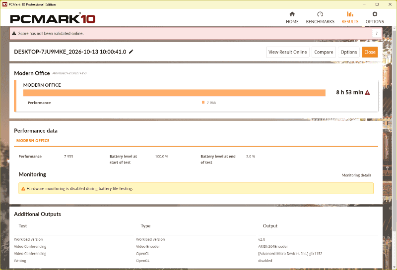 PCMark 10 Battery Profile「Modern Office」の結果