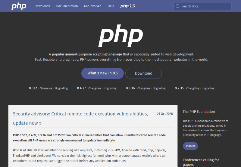 <a href="https://www.php.net/archive/2026.php" class="strong bn" target="_blank">Security advisory: Critical remote code execution vulnerabilities, update now（PHP）</a>より
