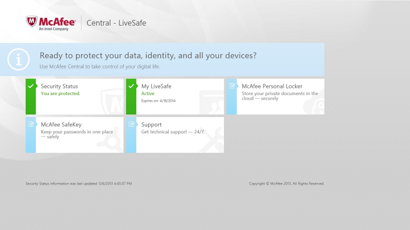 「McAfee LiveSafe」のダッシュボード