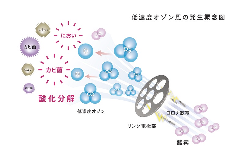 オゾンが持つ強い酸化力でウイルスやニオイを元から分解する