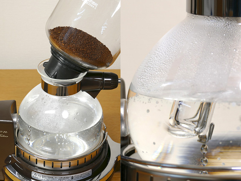 ロートをサーバーに傾けた状態お湯が沸くのを待つ。沸きはじめると、ロートのパイプからポコポコと泡が出てくる