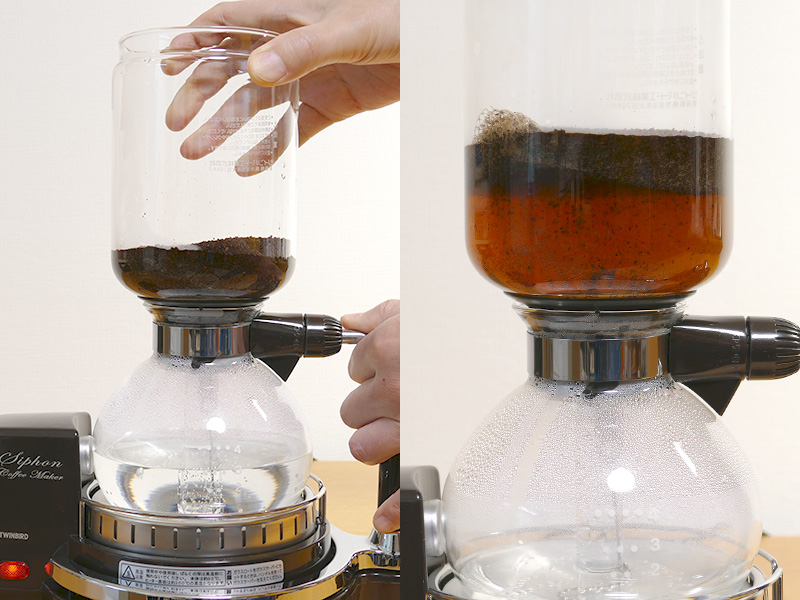 サーバーの底から「コンッコンッコンッ」というノックするような音が頻繁に聞こえるようなったらロートをサーバーに挿し込む。間もなくお湯が押し出されるようにロートへ上がる