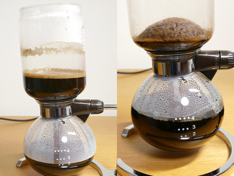 2回目の撹拌中から、コーヒーが吸い込まれるようにサーバーに戻っていく。戻りきったらできあがりだ