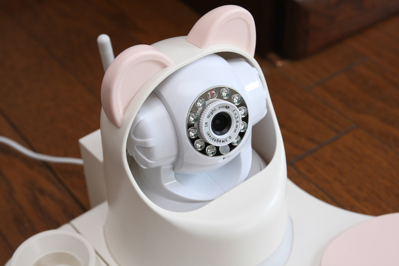 カメラのまわりについているのは、LEDライトと赤外線LEDライト。真っ暗な部屋でも、白黒の赤外線映像が見られる