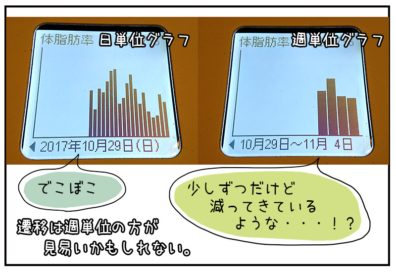 見やすい画面にグラフ表示。長期で見ていく場合は週単位表示がオススメ