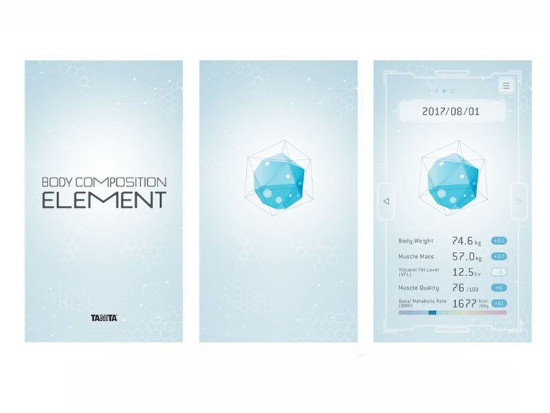 筋肉や脂肪などの「体組成」を立体的に表現するスマートフォン向けアプリ「TANITA BODY COMPOSITION ELEMENT」。画面イメージ