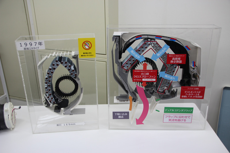 1997年モデルの室内機(右)と、最新モデル(左)。内部構造がかなり進化している