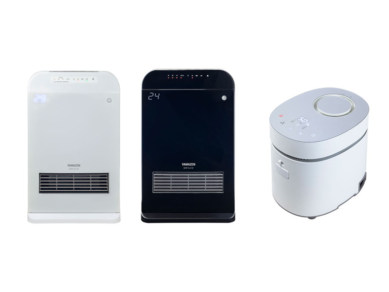 「温度・人感センサー付消臭セラミックヒーター DHF-VJ12」(写真左)、「スチームファン式加湿器 "Steam CUBE" KSF-L30」(写真右)