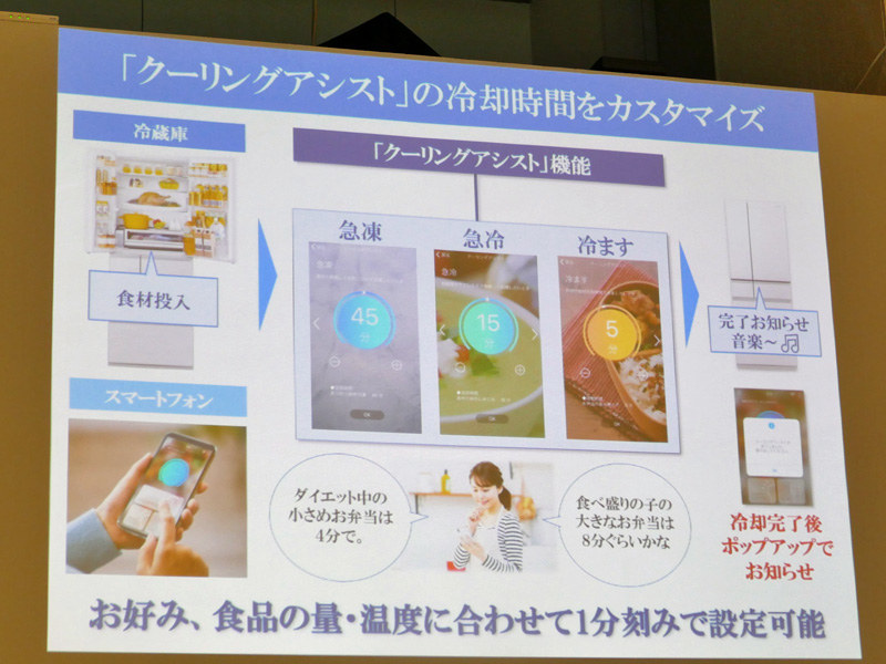 無線LAN対応の「Cool Pantry」で、スマホで好み、食品の量、温度に合わせて1分刻みで設定できる