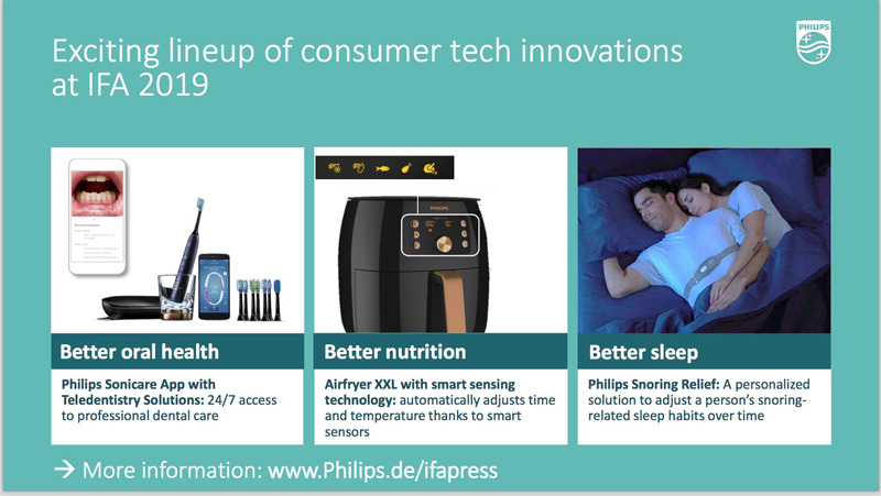 Philipsは、睡眠・口腔ケア・健康的な栄養補給を中心に、ソフトウェアやサービスの展開を手がけるとプレゼン。日本に上陸していない新しい製品やシステム提案に期待