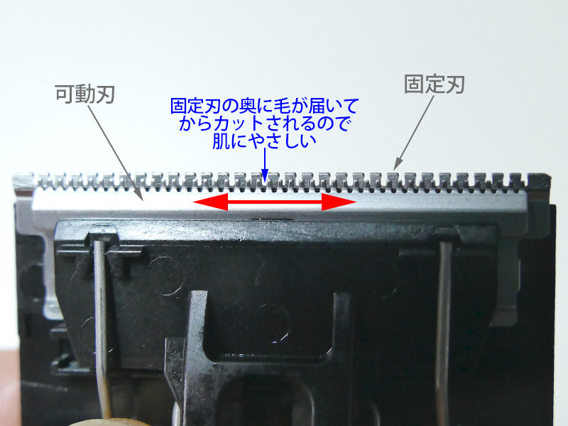 刃は固定刃と可動刃の2枚。毛を固定刃の奥に送り込んでから可動刃がカットする仕組み