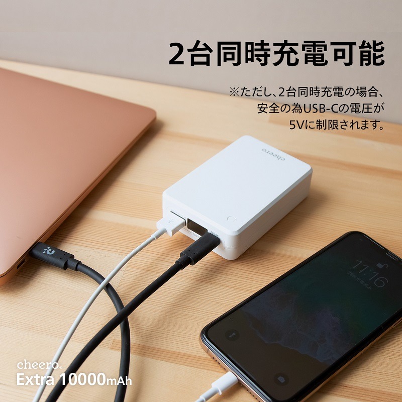 出力ポートは2個(USB Type-CとUSB Type-A)備え、2台のデバイスを同時に充電できる