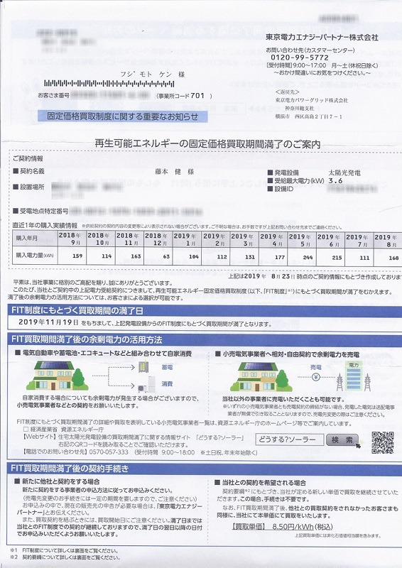 郵送で届いた「再生可能エネルギーの固定価格買取期間満了のご案内」