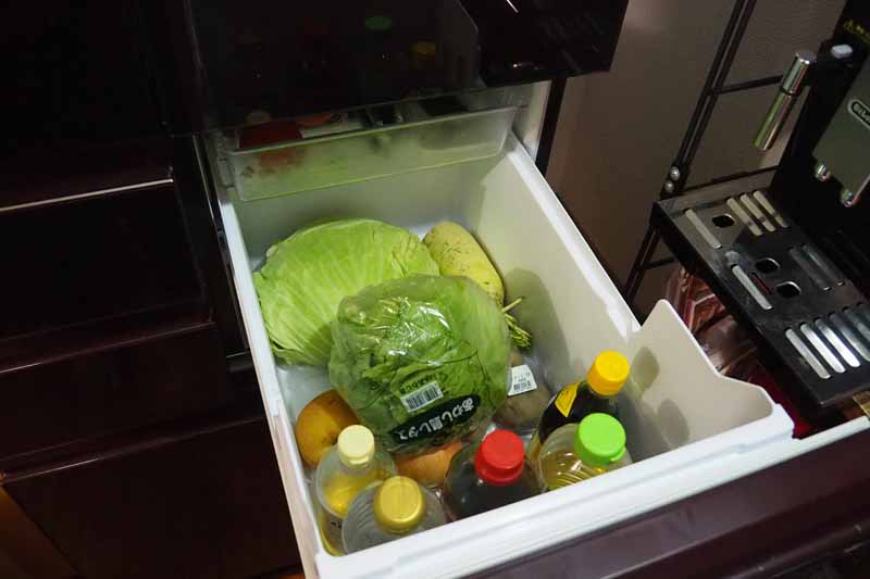 下段は奥行き約40cmで、手前のペットボトル収納部を除くと深さは約20cmです