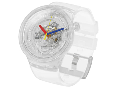 新品電池 Swatch スウォッチ スケルトン BIG BOLD ホワイト 白 スウォッチ、限りなく透明なデザインに、ビビッドカラーの時分秒針が