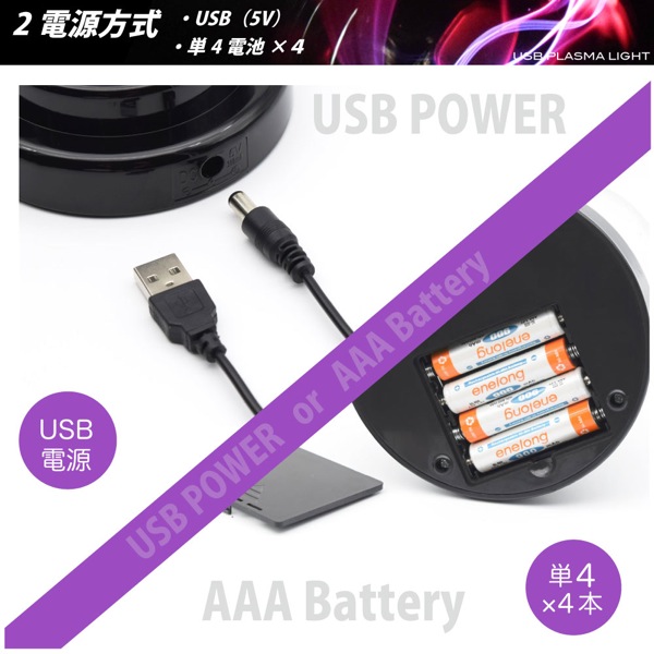 USB電源、もしくは単四形アルカリ電池4本で駆動する