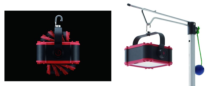 ライトの向きはフレキシブルに調節でき、吊り下げ時も90度まで5段階に角度調節可能