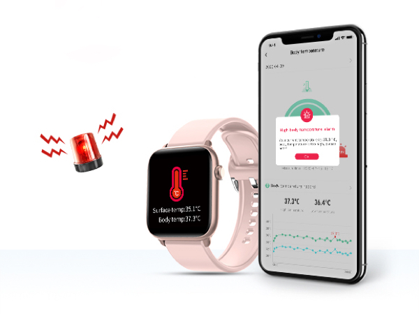 アプリとの連携により一定間隔での自動測定が可能なほか、設定体温を超えた場合はアラームで知らせる