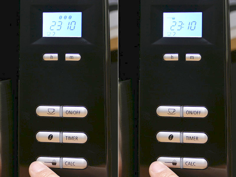 写真左は豆モード時(豆マークが表示される)。[コーヒー粉ボタン]を押せば、ミルを使わない既存の挽いてあるコーヒー粉を使った抽出へ切り替えもできる(右・スプーンマークが表示)。