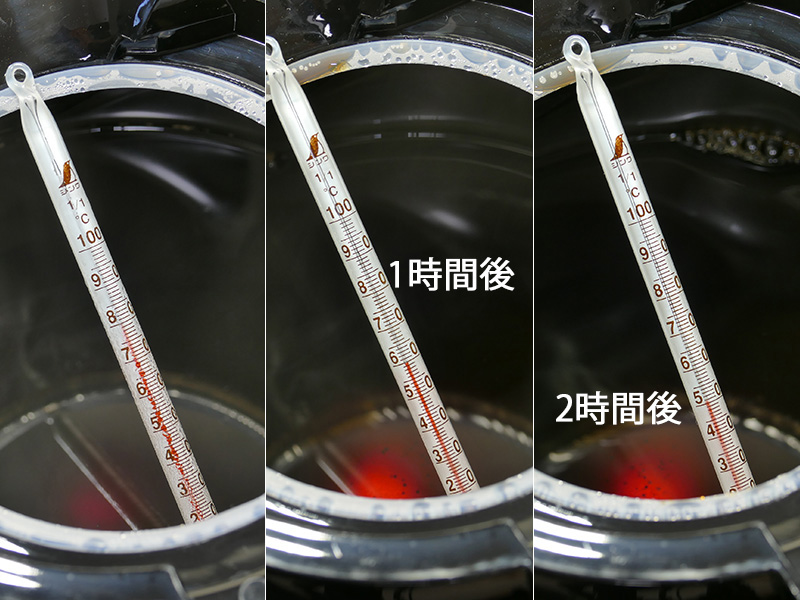 4杯淹れた直後の温度は約80℃。半分にして1時間経過しても60℃をキープで、まだ熱いと感じられる。なお、2時間後でも50℃をキープしていた
