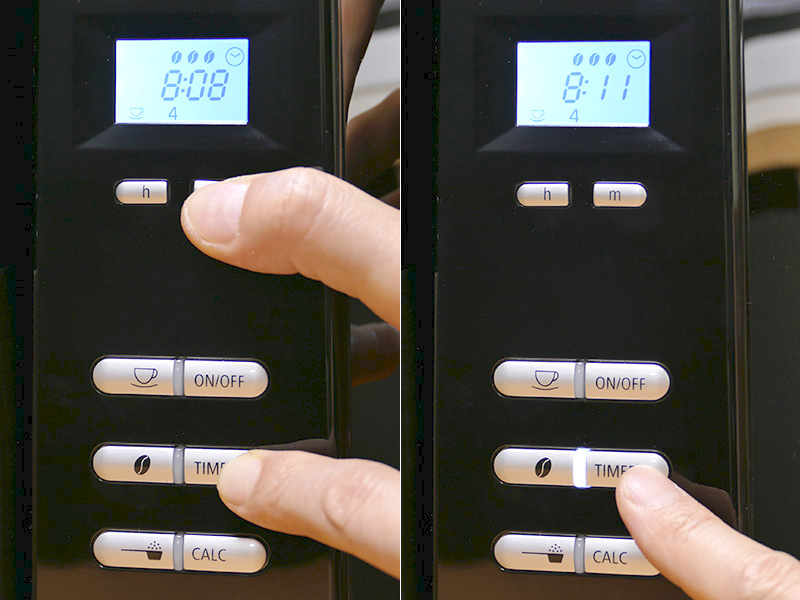 [タイマーボタン]を推しながら[hボタン]と[mボタン]を操作してタイマーでの希望抽出時刻を合わせる(左)。実行は[タイマーボタン]を押すだけ