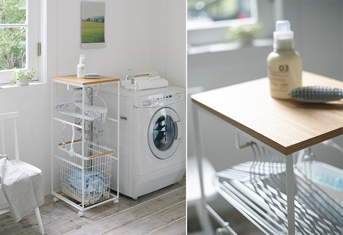 ランドリーバスケット(別売)も収納できる。洗剤のボトルを置ける天板を用意