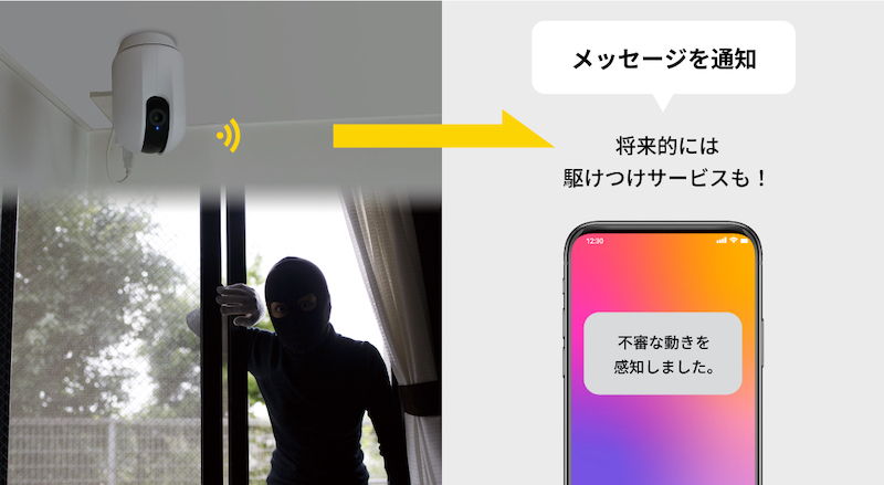 不審者を感知すると、登録スマートフォンへ通知する