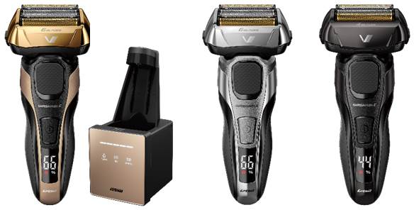 「IZF-V990-N」(ゴールド/左)のみ洗浄器付き。中央が6枚刃の「IZF-V950-S」(シルバー)、右が4枚刃の「IZF-V930-K」(ブラック)