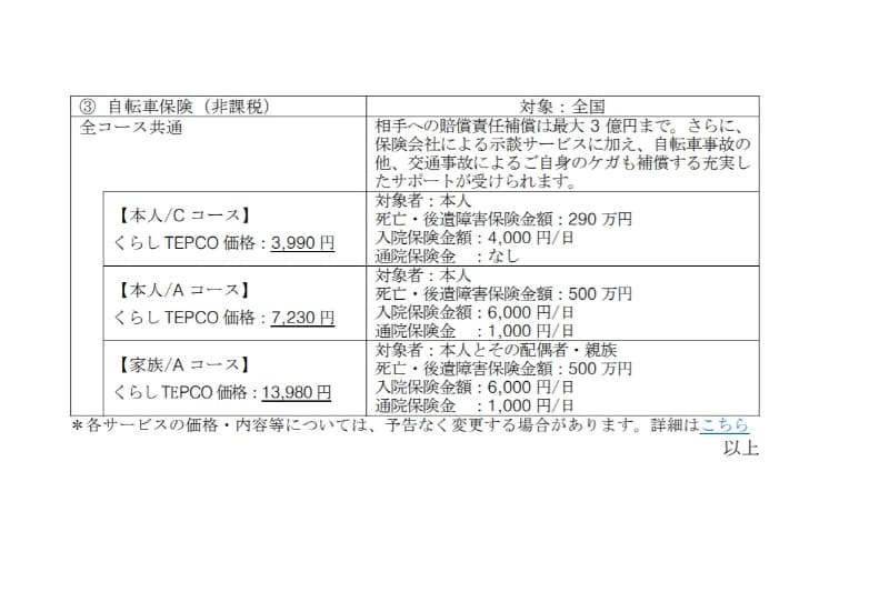 新たに自転車保険もラインナップ
